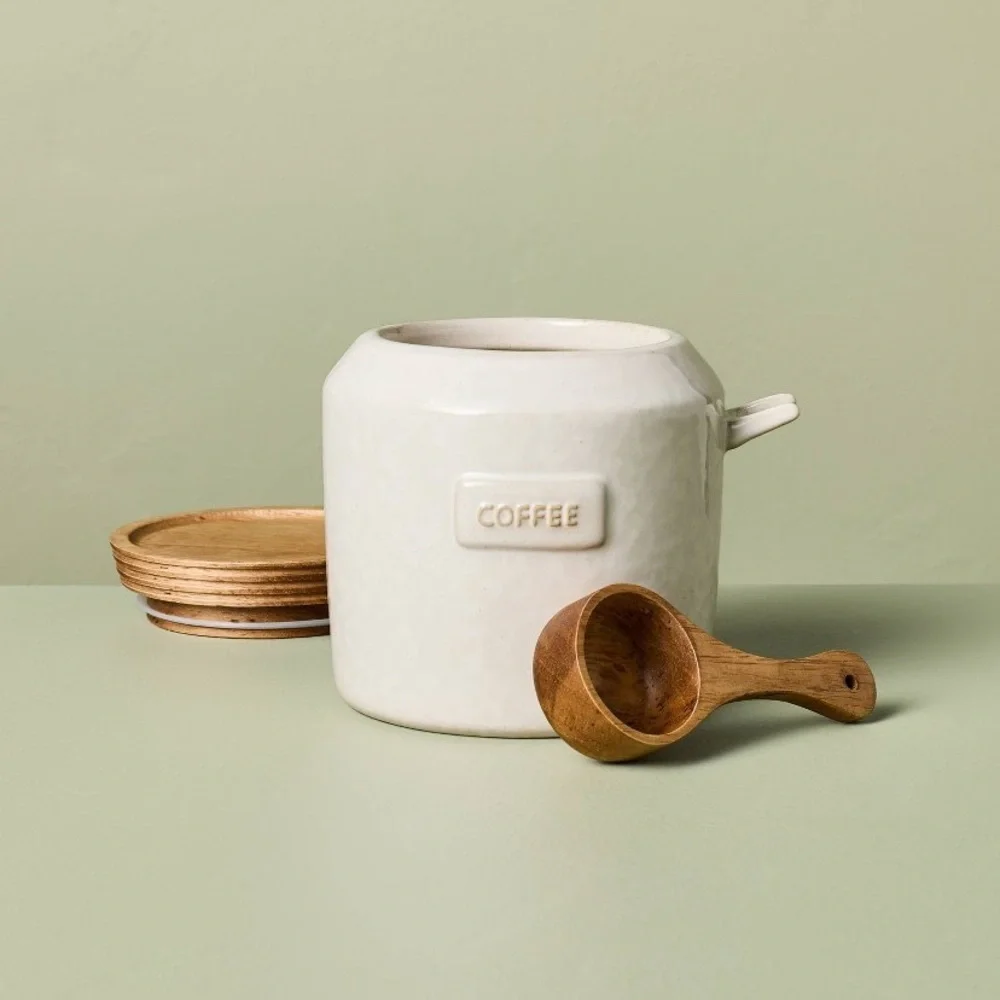 Hearth and Hand Cream Ceramic Coffee Canister with Wooden Lid and Scoop